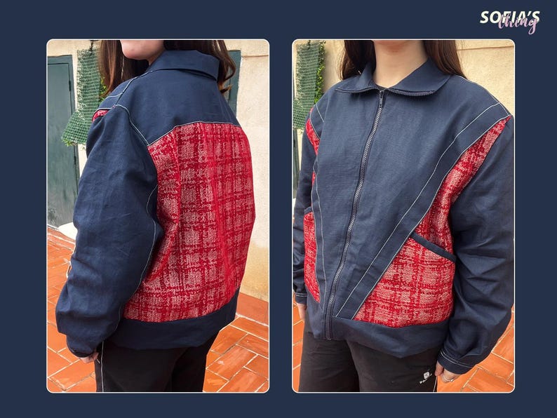 Peut inclure: Une veste bleu marine avec un motif &eacute;cossais rouge et blanc sur le dos et les manches. La veste a une fermeture &eacute;clair et des d&eacute;tails de couture blancs.