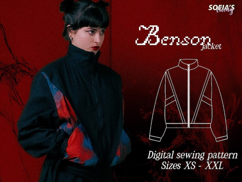 Peut inclure: Un patron de couture num&eacute;rique pour une veste noire avec une fermeture &eacute;clair blanche et un motif en chevron blanc. Le patron s'appelle "Benson Jacket" et est disponible dans les tailles XS &agrave; XXL.