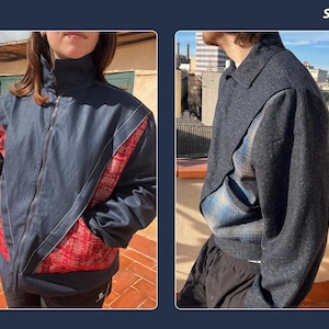 Peut inclure: Deux vestes avec des designs uniques. La premi&egrave;re veste est une veste en jean bleu fonc&eacute; avec un panneau &agrave; motifs rouge et blanc sur le c&ocirc;t&eacute; gauche. La deuxi&egrave;me veste est une veste gris fonc&eacute; avec un panneau &agrave; carreaux bleu et blanc sur le c&ocirc;t&eacute; droit.