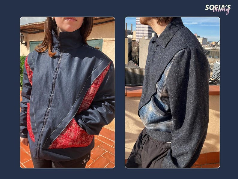 Peut inclure: Deux vestes avec des designs uniques. La premi&egrave;re veste est une veste en jean bleu fonc&eacute; avec un panneau &agrave; motifs rouge et blanc sur le c&ocirc;t&eacute; gauche. La deuxi&egrave;me veste est une veste gris fonc&eacute; avec un panneau &agrave; carreaux bleu et blanc sur le c&ocirc;t&eacute; droit.