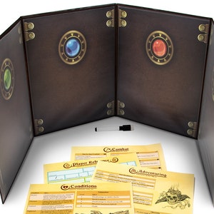 May include: A three-panel folding game board with a brown leather-like finish. Each panel features a gold-colored circular design with a jewel-toned gem in the center. The board is open to reveal various game cards with titles like "Combat", "Player Reference", "Conditions", and "Adventuring".