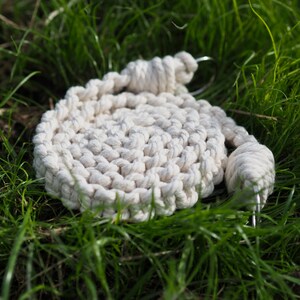 Puede incluir: Una cuerda de algodón blanco con dos anillos metálicos, enrollada en círculo sobre un lecho de hierba verde.