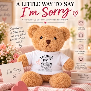 May include: A brown plush teddy bear wearing a white t-shirt with the text Forgive me? I'm Beary Sorry for Hurting you. I can't change the past, but I will promise you to be a better person. The bear is surrounded by text and decorative hearts.