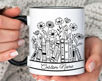 Personalized Book Lover Mug: Floral Bookshelf Coffee Mug
