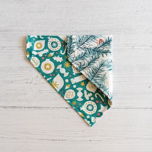 Berry Pine Needles and Green and Gold Metallic Christmas Toss Cotton Fabric Slip Over Collar Dog Reversible Bandana