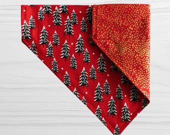 Personalized Reversible Slip-Over Collar Dog Bandana- 100% Cotton - Fir Trees and Menagerie Red  Rifle Paper Co Fabric - Christmas