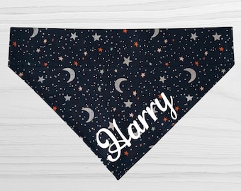 Personalized Fall Cotton Over the Collar Dog Bandana - October Night Black Metallic Stars Print - Halloween