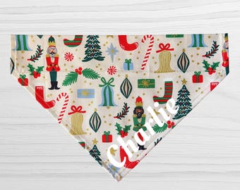 Personalized Dog Bandana - Slip Over Collar - Christmas Deck the Halls CREAM Cotton l Rifle Paper Co