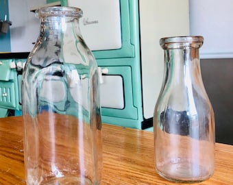 Two Vintage Milk Bottles - Quart and Pint - Rustic Farm House, Country Kitchen Deco