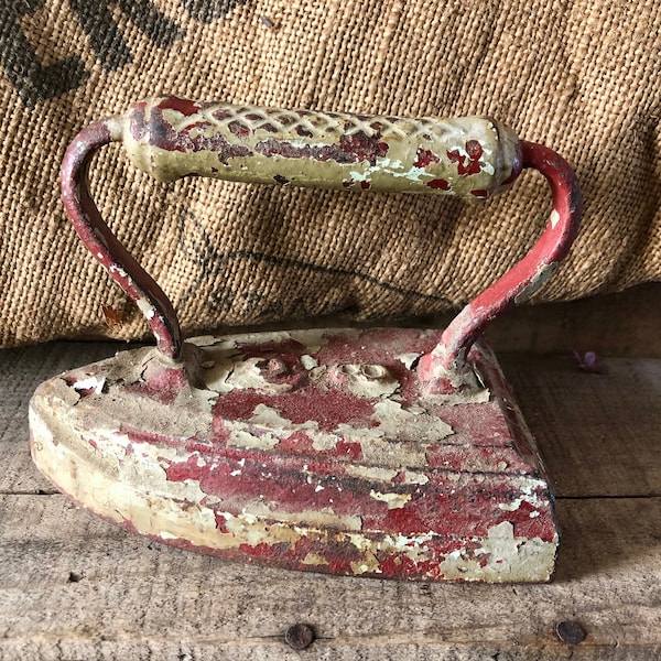 Antique Flat Iron Cross Hatch Handle Painted Red with Gray Paint Flaking