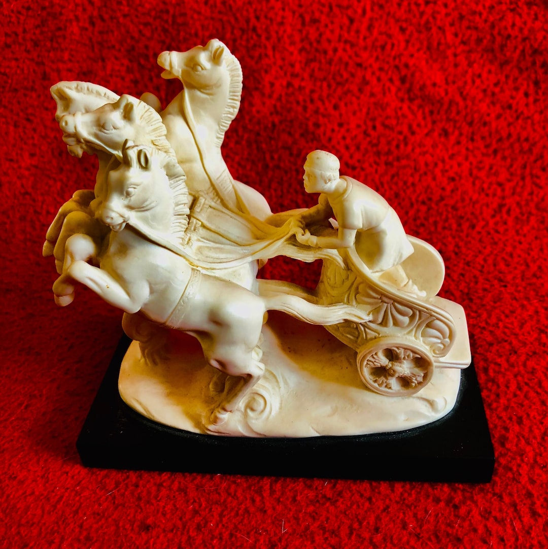 G. Ruggeri Vintage Alabaster Statue of a Roman Man in a Chariot Pulled