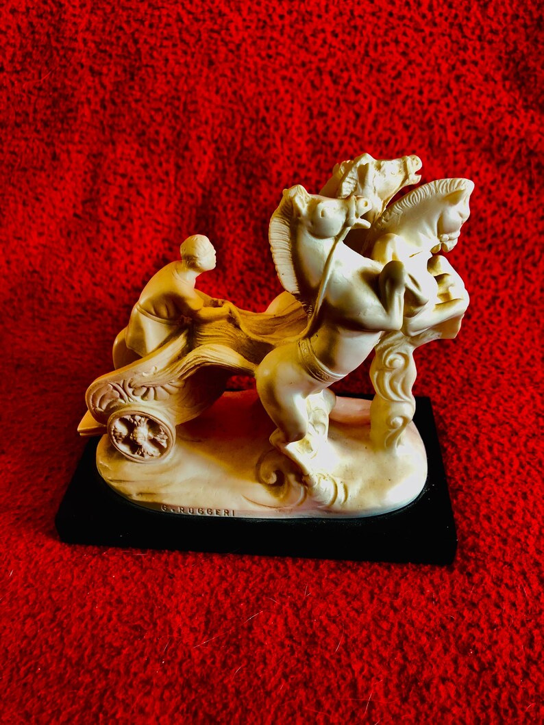 G. Ruggeri Vintage Alabaster Statue of a Roman Man in a Chariot Pulled