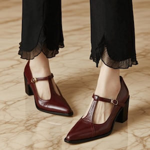 Burgundy Pointed Leather High Heel Mary Jane,T-bar Mary Jane Shoes,Barefoot Leather,Burgundy Leather Shoes,Mary Janes Shoes,Black Mary Janes