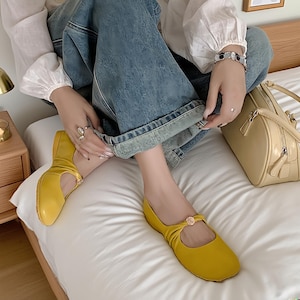 Summer Yellow Pretty Mary Janes,Buckle Ballet Flats,Gifts for Her,Handmade Shoes,Fanshihon Everyday Mary Jane,Ballet Flats,Yellow Flats,Shoe