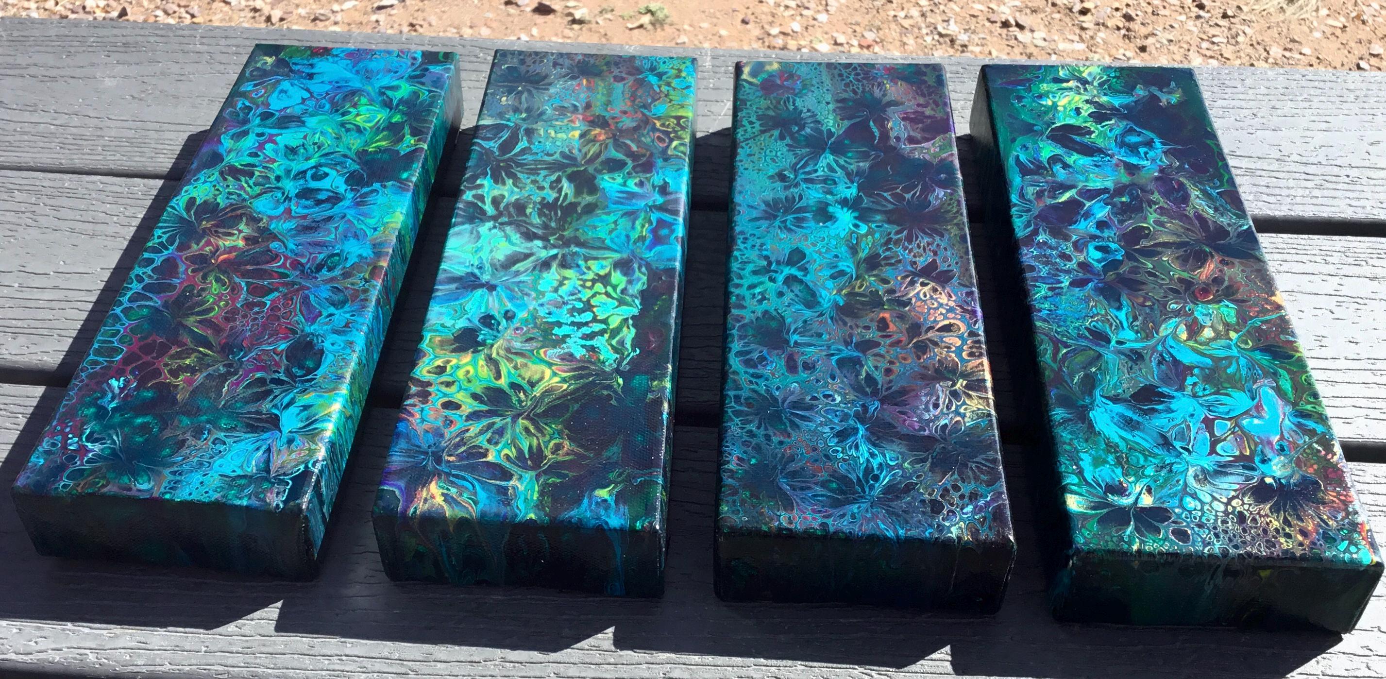 Devine Blue Garden Botanicals Set Original Abstract Acrylic Fluid Pour ...