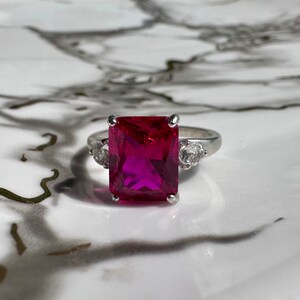 Jennifer Ring Radiant Cut Cultured Ruby and Moissanite Sterling Silver Ring July Birthstone CAST LA Donation