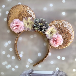 Rose Gold Mickey Ears, Sequins Disney Ears, Flowers Mickey Ears, Epcot Mickey Ears