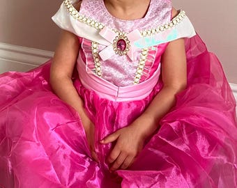 Vestido de princesa fada da Bela Adormecida em tule rosa: Festa de aniversário, brincadeira de faz de conta, fantasia para meninas, vestido de baile para festas.