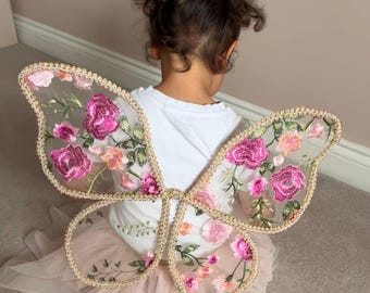 Embroidered Fairy Butterfly Angel Wings, Birthday Party Fairy Floral, Toddler Fancy Dress Up, Pink Girls Princess Party Magical Wings Outfit