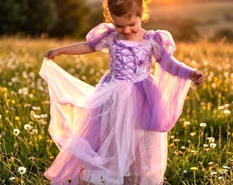 Rapunzel Inspired Princess Dress 3D Flower Medieval Ballgown, Tangled Toddler Costume, Purple Tulle Fairy Gown, Birthday Disney Visit Outfit
