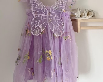 Vestido de princesa fada em tule bordado lilás roxo: Asas de borboleta, Daminha de Honra, Festa de Aniversário, Natal, Smash the Cake, Infantil, Bebê e Criança