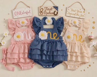 Hand Embroidered ONE Daisy Flower Romper for First Birthday, ONEderful 1st Birthday Outfit, Cake Smash, Baby Girl Party Outfit, Wild Flower