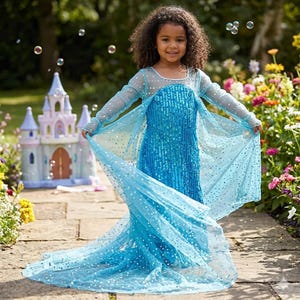 Elsa Frozen Sequin Fairy Princess Dress & Train Birthday Party, Fantasy Pretend Play, Girls Dress Up, Blue Snow Queen Princess Party Costume