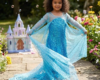 Vestido de princesa hada con lentejuelas de Elsa de Frozen con cola para fiesta de cumpleaños, juego de fantasía, disfraces para niñas, disfraz de princesa reina de las nieves azul para fiesta