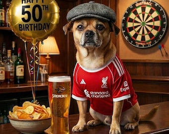 Camiseta engraçada de futebol com animal de estimação em um pub, estampa de cachorro/gato com foto e desenho de bebida. Presente perfeito para fãs de futebol, amantes de animais de estimação, cartões de Dia dos Namorados e balões de aniversário.