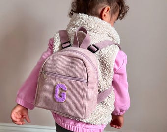 Personalized Corduroy Toddler Essentials Backpack: Chenille Varsity Letter Patches Initials on Rucksack Small Baby Lunch Changing School Bag
