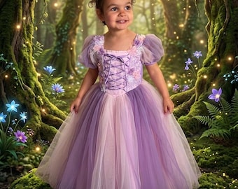 Rapunzel Inspired Princess Dress: 3D Flower Medieval Ballgown, Tangled Toddler Costume, Purple Tulle Fairy Gown, Birthday Easter Outfit