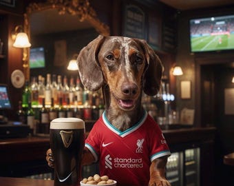 Retrato personalizado e engraçado de um animal de estimação em um pub, com camisa de futebol e bebida. Impressão artística personalizada de cachorro/gato. Presente perfeito para fãs de futebol e amantes de animais de estimação. Aniversário.