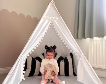 White Canvas Kids Tipi: Boho Pom Pom Play Tent. Birthday Party Gift for Children Toddlers Kids. Reading Corner Nook Den Hideout. Teepee Fun