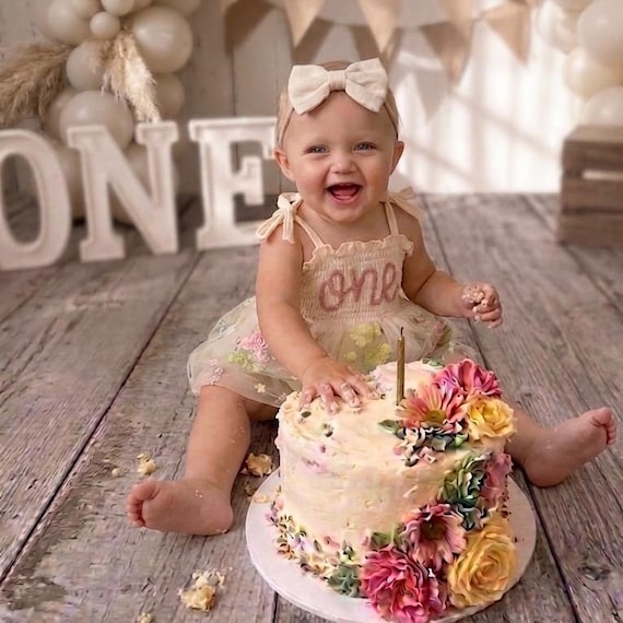 1st birthday dress personalized Embroidered ONE Fairy First Dress, Birthday Romper, Cake Smash Baby Girl Party Outfit Cream Floral Wildflower have for every tiny Flash Sale Backless dresses >>>>> Via: Color:Citron