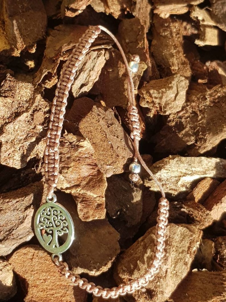 Macramé bracelet, puristic and filigree, stainless steel tree of life, brown macramé, silver balls, friendship ribbon image 3