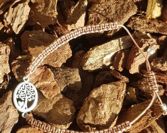 Macramé bracelet, puristic and filigree, stainless steel tree of life, brown macramé, silver balls, friendship ribbon