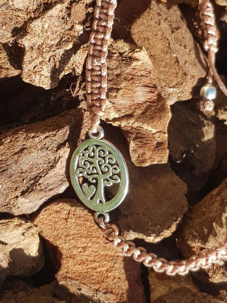 Macramé bracelet, puristic and filigree, stainless steel tree of life, brown macramé, silver balls, friendship ribbon image 2