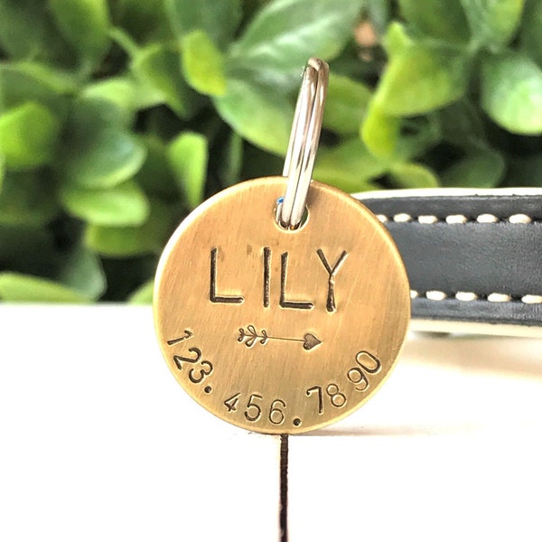 Hand stamped pet tag, brass pet ID tag, hand stamped pet tag, dog tag, cat tag, puppy tag, kitten tag, small pet tag, Lily