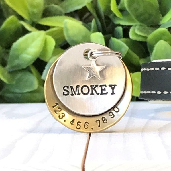 Stacked pet tag, mixed metal, hammered, pet ID , hand stamped pet tag, brass, aluminum, dog ID tag, personalized,  large dog, domed, Smokey