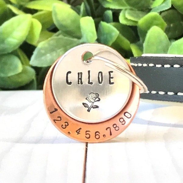 Pet tag, mixed metal, pet ID tag, shiny pet tag, hand stamped pet tag, copper, aluminum, large dog ID tag, personalized, domed, Chloe