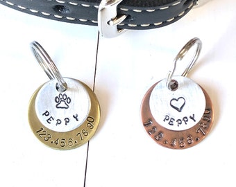 Stacked pet tag, small pet, mixed metal,small tag, pet ID tag, hand stamped, copper, brass, aluminum, kitty, cat tag, personalized, Peppy