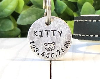 Pet tag, custom pet tag, hand stamped, aluminum, kitten tag, cat ID tag, pet ID tag, cat name tag, personalized, small pet tag, Kitty