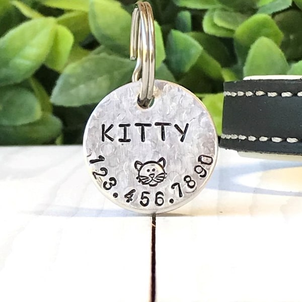 Pet tag, custom pet tag, hand stamped, aluminum, kitten tag, cat ID tag, pet ID tag, cat name tag, personalized, small pet tag, Kitty