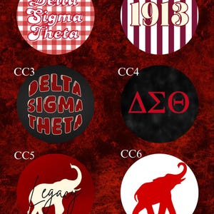 May include: Six circular designs featuring Delta Sigma Theta themes. CC1 has a red gingham pattern with white text. CC2 has red and white stripes with the number 1913. CC3 has red text on black. CC4 has red Greek letters. CC5 has a white elephant and text. CC6 has a red elephant on white.