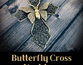 OOAK Golden Butterfly on Cross Necklace, Moth Cottagecore Jewelry Gift for Her, Ornate Mixed Metal Pendant, 19 inch Chain Accessory, Gothic