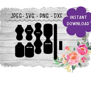 Könnte beinhalten: Ein digitaler Download einer schwarzen und weißen SVG-Schneidedatei für eine Tumbler-Verpackung. Das Design zeigt eine wellige, abstrakte Form mit einem Ausschnitt für einen Strohhalm. Die Datei ist in den Formaten JPEG, SVG, PNG und DXF verfügbar.