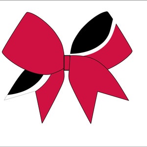 May include: A red and black bow with white accents. The bow is a popular hair accessory for cheerleaders.