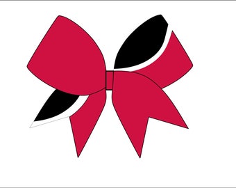 May include: A red and black bow with white accents. The bow is a popular hair accessory for cheerleaders.