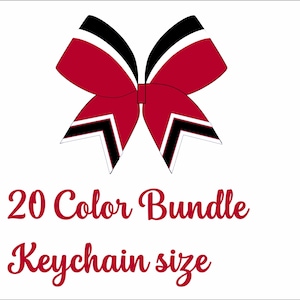 May include: A red, black and white cheer bow with a white background. The text "20 Color Bundle Keychain size" is written below the bow.