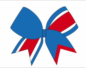 May include: A blue and red bow with white stripes. The bow is tied in a knot and the ends are curled.
